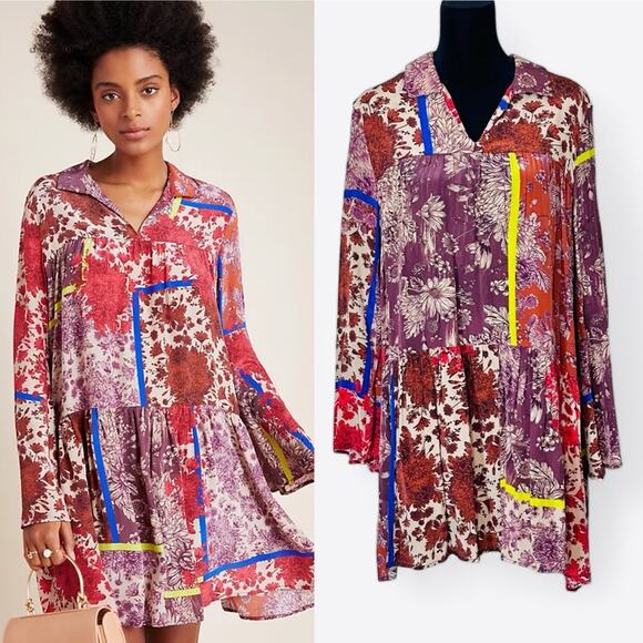 Anthropologie x Dhruv Kapoor Arabella Floral Patchwork Tunic Dress Festival Boho - Picture 1 of 15